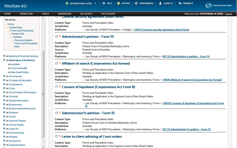 Thomson Reuters Forms and Precedents Index 