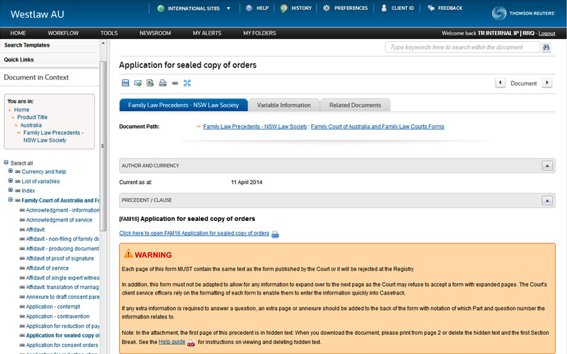 Law Society of NSW Precedents on Westlaw AU